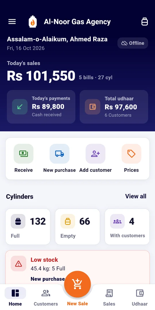 JGasFlow Lite dashboard on Android: today's sales, payments, udhaar and full and empty cylinders