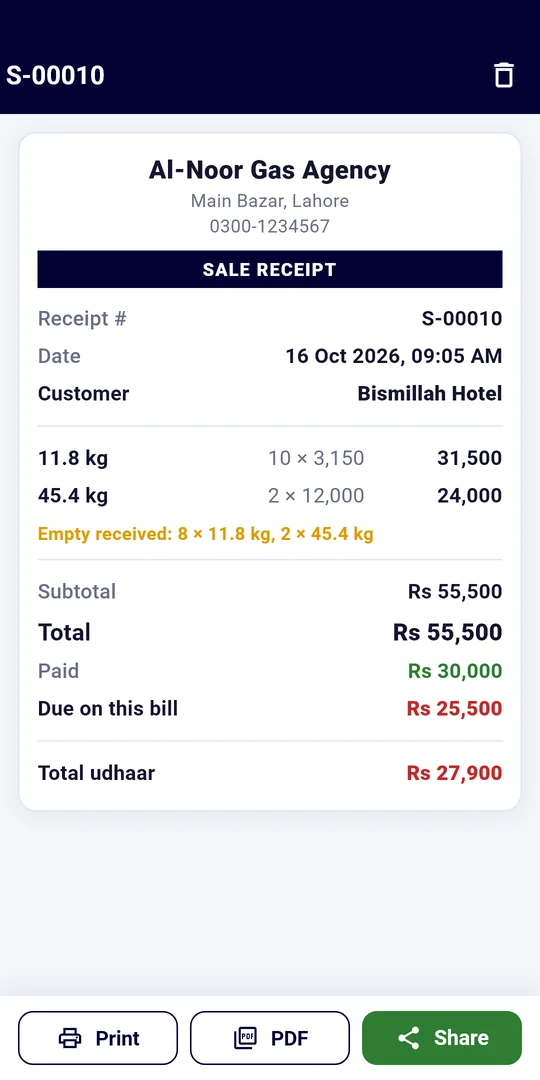 Sale receipt with cylinders sold, empties received, amount paid and udhaar