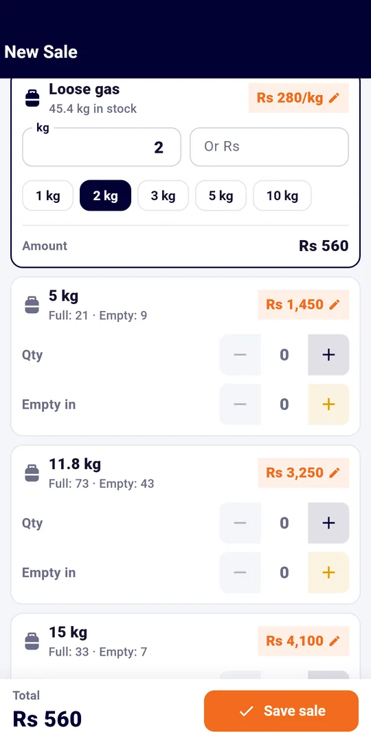 Selling loose gas by kg: 2 kg chosen from 45.4 kg in stock, amount worked out